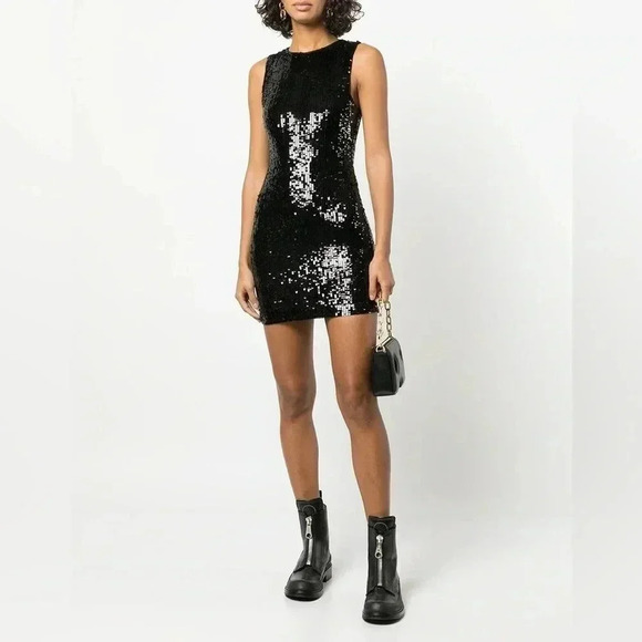 NWT Alice + Olivia Delora Black Sequin Mini Sheath Sleeveless Party Dress Size 6 - Picture 1 of 9